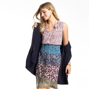 CAbi Multi-Print Sleeveless Mini Dress with Navy Cardigan
